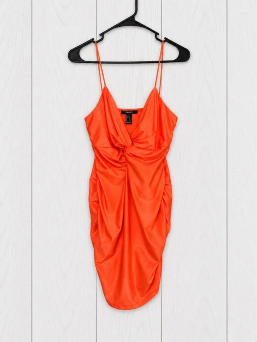 Forever 21 Women’s L Orange Satin Ruched Spaghetti Strap V-Neck Mini Dress
